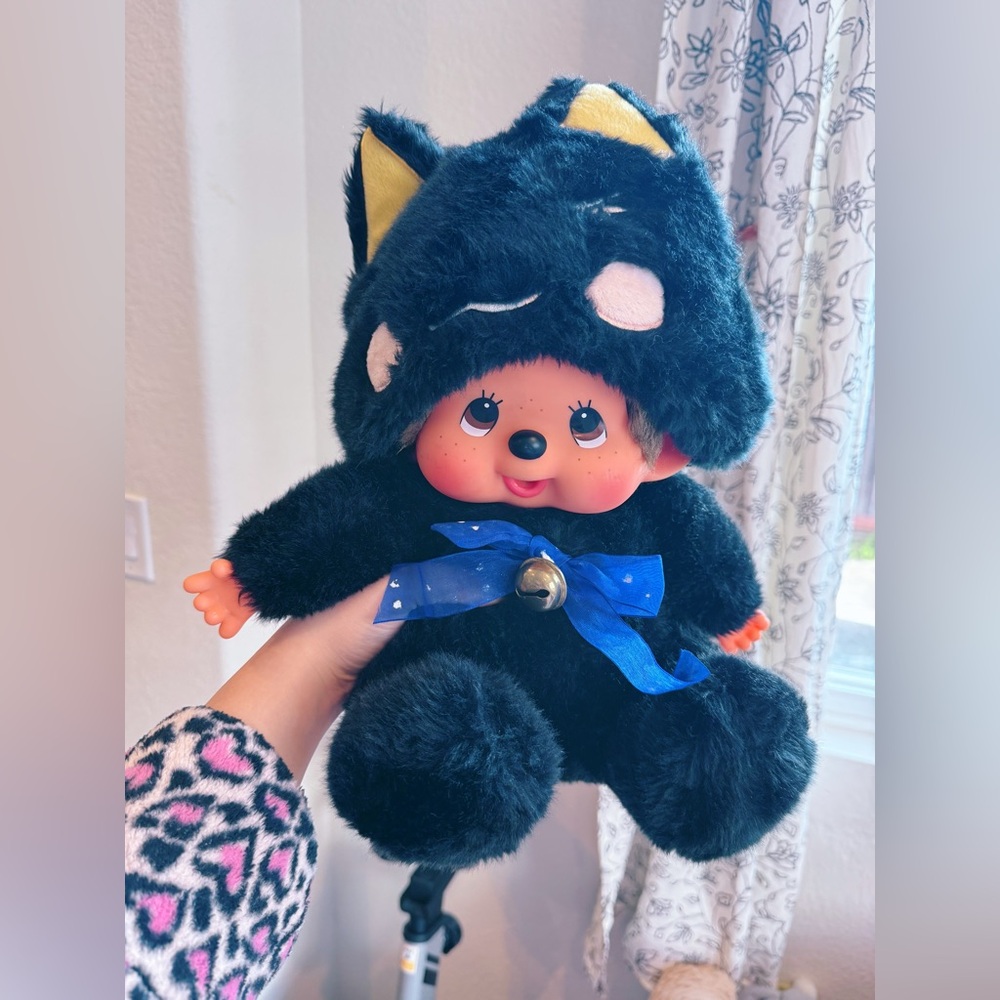 Large black lucky cat Monchhichi doll
